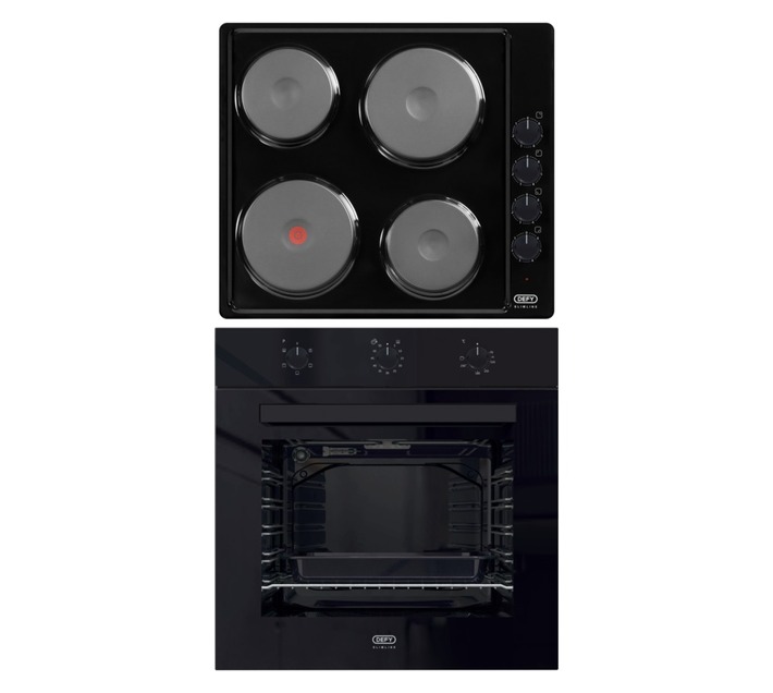 Defy Built-in Slimline 4 Solid Plates Electric Hob with Eye Level Glass Oven Bundle Black DCB838E
