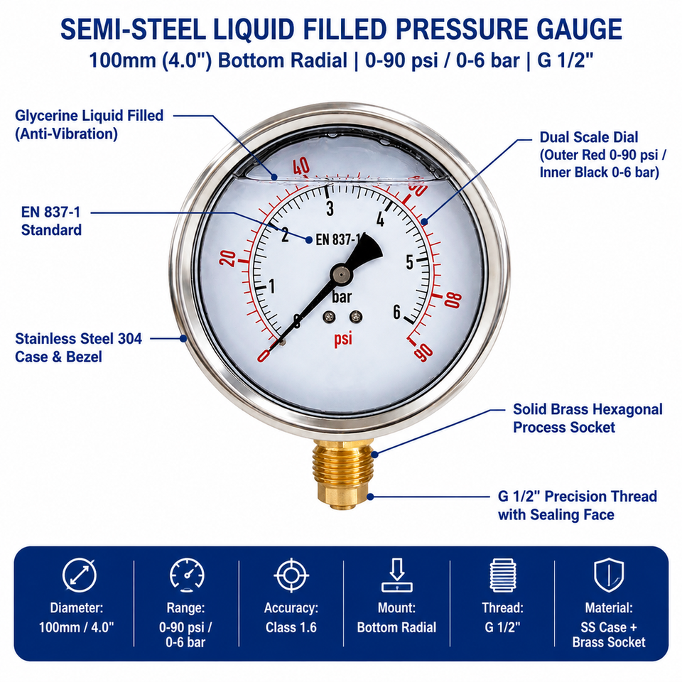 100mm Pressure Gauge 0-6 Bar 0-90 PSI B24-M0160