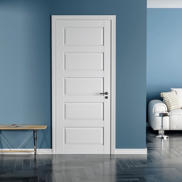 80"H 5 Paneled White Primed Solid Core Wood Pantry Interior Slab Shaker Door Standard Door