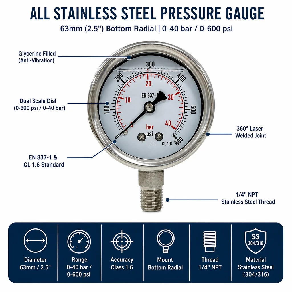 63mm Stainless Steel Pressure Gauge 0-40 Bar B24-M0163