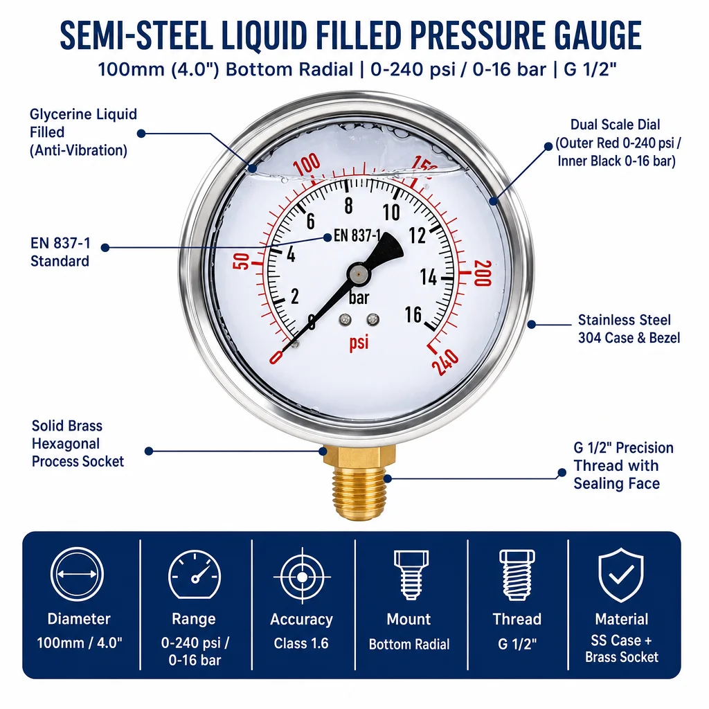 100mm Stainless Steel Pressure Gauge 0-16 Bar B24-M0159