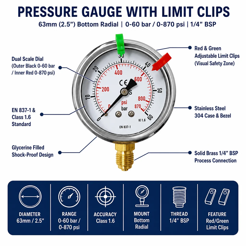 63mm 0-60 Bar Stainless Steel Pressure Gauge B24-M0158