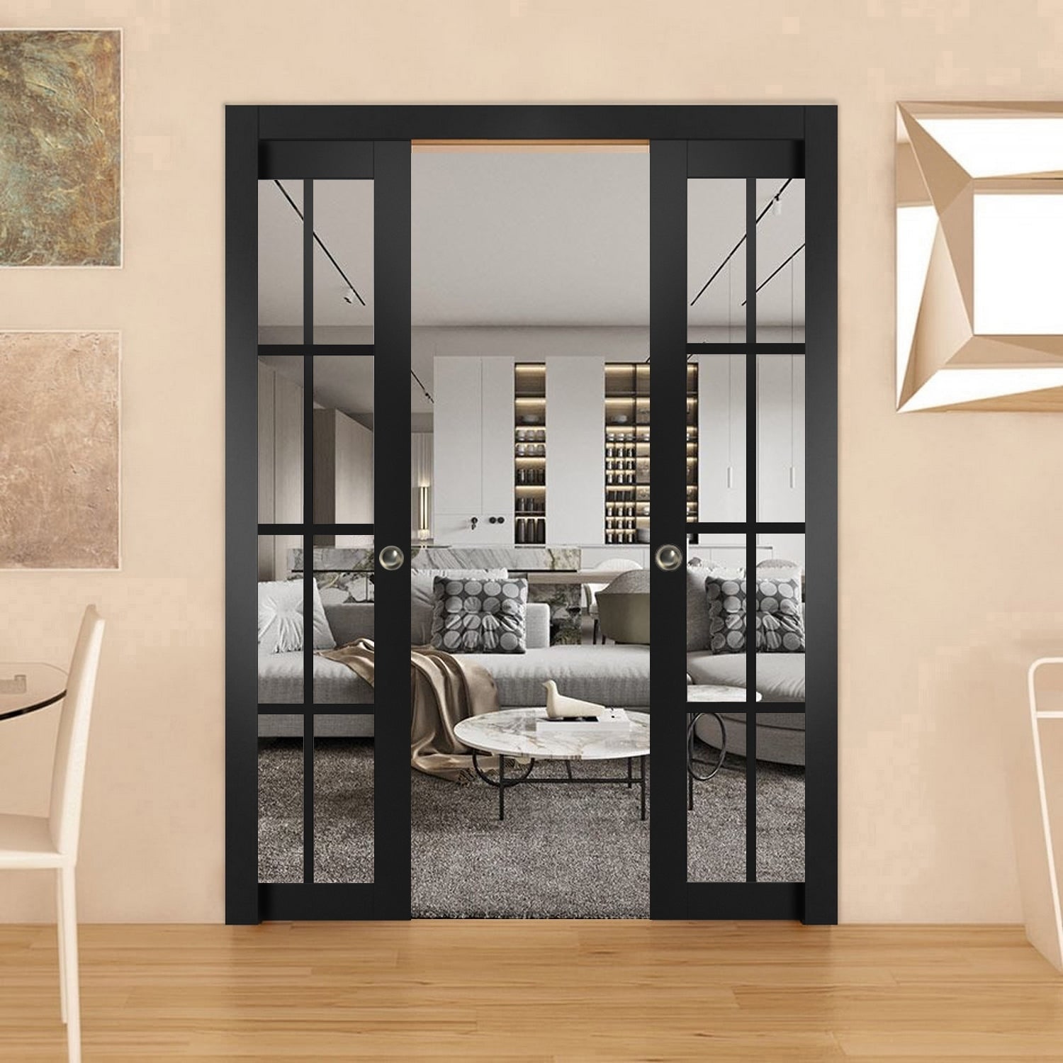 SARTODOORS Felicia 3355 Black Matte Wood Double Sliding Pocket Doors with Clear Glass