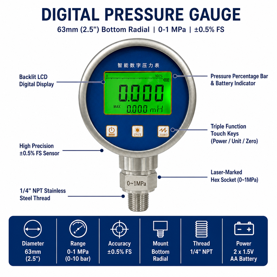 63mm Digital Pressure Gauge 0-10 Bar B24-M0162