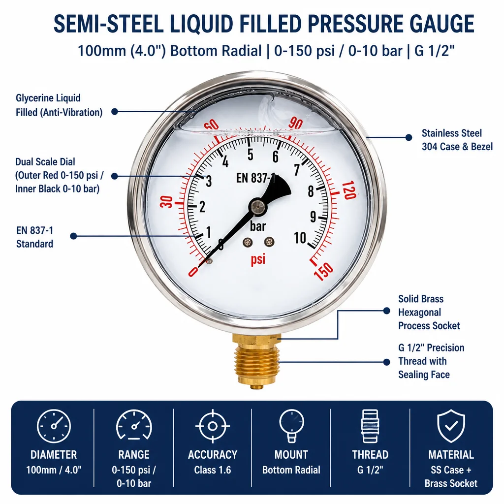 100mm Stainless Steel Pressure Gauge 0-10 Bar B24-M0161