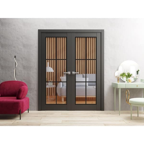 SARTODOORS Lucia 2366 Black Matte Wood Interior Double Doors with Clear Glass